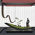 Modern Indoor Landscape With Green Grass Area Sculpture Grid Wall And Hanging Decor