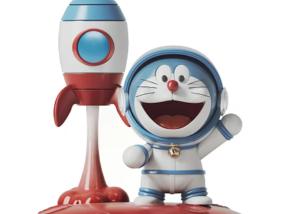 Smiling Doraemon Astronaut Doll Waving With Blue White Red Rocket Model 3d model
