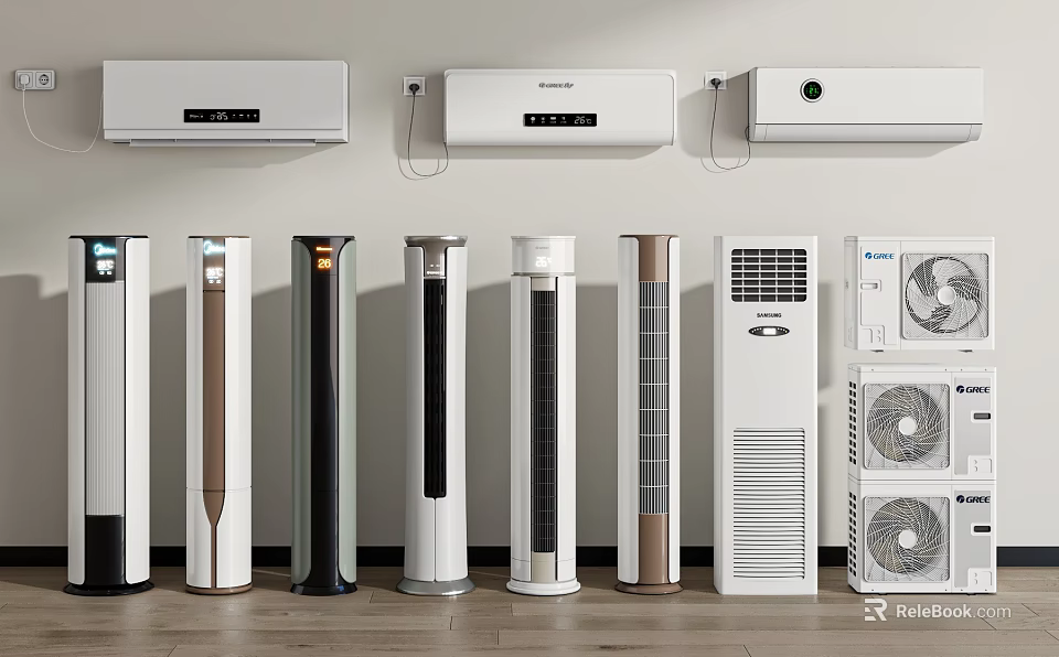 Variety of Air Conditioners and Fans on 3d model 