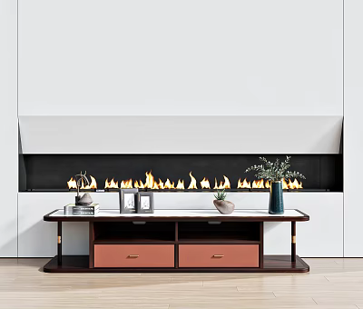 Modern Wooden TV Stand With Fireplace Potted Plant And Decorative Drawers 3d model