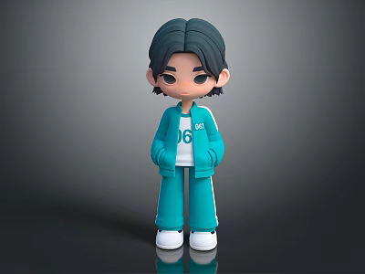 Cute 3D Cartoon Character In Teal Tracksuit With White T-shirt ART Lettering And Number 06 3d model