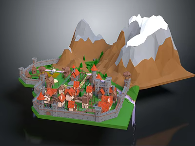 Cartoon Scenery Featuring Castle Village Red Roofs Green Grass And Snowy Mountains 3d model