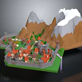 Cartoon Scenery Featuring Castle Village Red Roofs Green Grass And Snowy Mountains