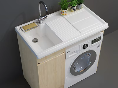White Washing Machine with Sink Faucet Countertop and Green Plants on Wooden Cabinet 3d model