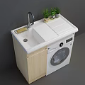 White Washing Machine with Sink Faucet Countertop and Green Plants on Wooden Cabinet