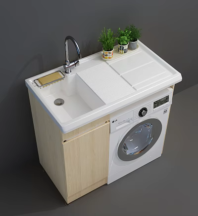 White Washing Machine with Sink Faucet Countertop and Green Plants on Wooden Cabinet 3d model