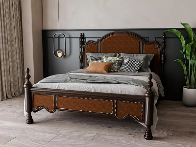 Classic Wooden Double Bed With Brown Leather Headboard Stitched Detail Decorative Pillows And Floor Plant 3d model