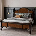 Classic Wooden Double Bed With Brown Leather Headboard Stitched Detail Decorative Pillows And Floor Plant