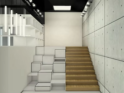 Modern Lounge Area Interior With Wooden Stairs White Cubic Structures And Gray Walls 3d model