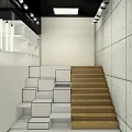 Modern Lounge Area Interior With Wooden Stairs White Cubic Structures And Gray Walls