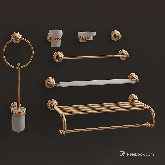 Golden Modern Bathroom Accessories Towel Rack Ring Soap Dish And Toilet Brush Holder 3d model 