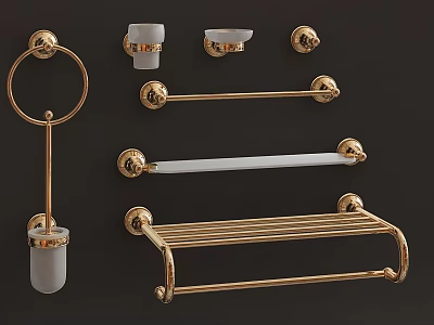 Golden Modern Bathroom Accessories Towel Rack Ring Soap Dish And Toilet Brush Holder 3d model