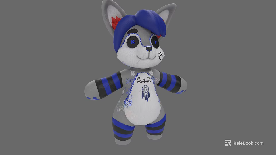 Cute Gray Plush Toy Big Blue Eyes Blue Hair Cat Ears Red Accents Striped Arms 3d model 