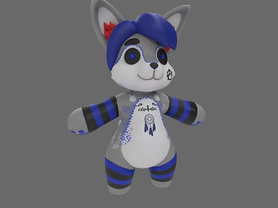 Cute Gray Plush Toy Big Blue Eyes Blue Hair Cat Ears Red Accents Striped Arms 3d model
