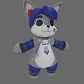 Cute Gray Plush Toy Big Blue Eyes Blue Hair Cat Ears Red Accents Striped Arms