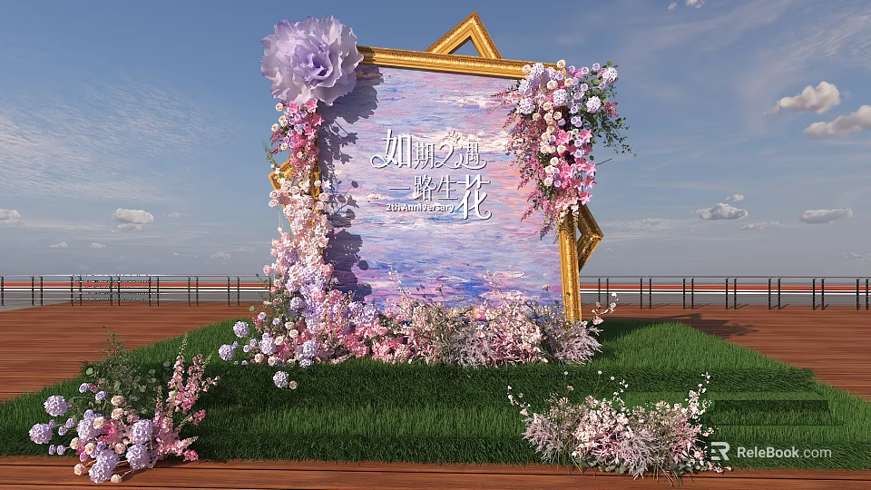 Art Installation With Golden Frame Canvas Pink Purple Flowers Green Grass And Blue Sky Background 3d model 
