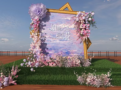 Art Installation With Golden Frame Canvas Pink Purple Flowers Green Grass And Blue Sky Background 3d model
