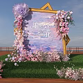 Art Installation With Golden Frame Canvas Pink Purple Flowers Green Grass And Blue Sky Background