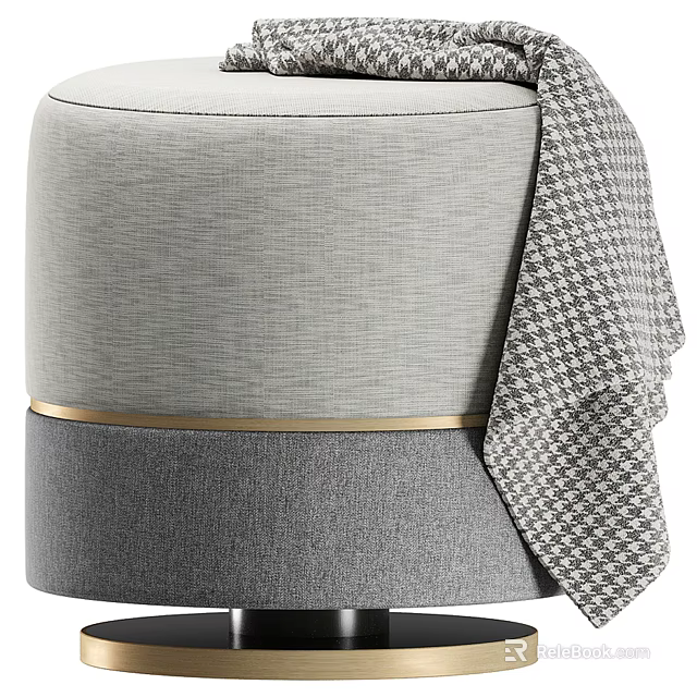 Modern Round Gray Upholstered Ottoman With Houndstooth Blanket And Gold Trim 3d model 