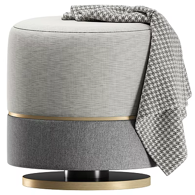 Modern Round Gray Upholstered Ottoman With Houndstooth Blanket And Gold Trim 3d model