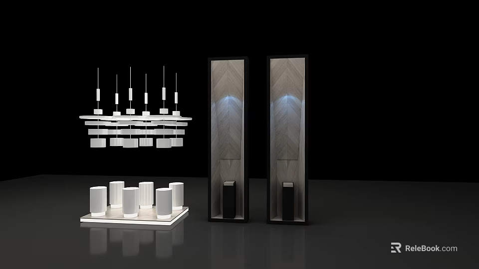 Modern Display Shelves With Wooden Panel Design And LED Lighting For Decorative Items 3d model 