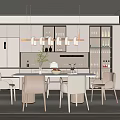 Modern Restaurant Interior With Dining Table Mixed Chairs Pendant Lights And Wine Cabinets 3d model