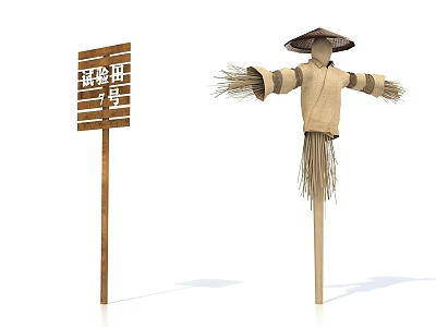 Traditional Scarecrow In Cloth Outfit With Bamboo Hat And Straw Arms Beside Wooden Sign 3d model