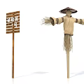 Traditional Scarecrow In Cloth Outfit With Bamboo Hat And Straw Arms Beside Wooden Sign