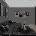 Modern Living and Dining Room Interior With Gray Sofa Orange Cushions and Wall Art