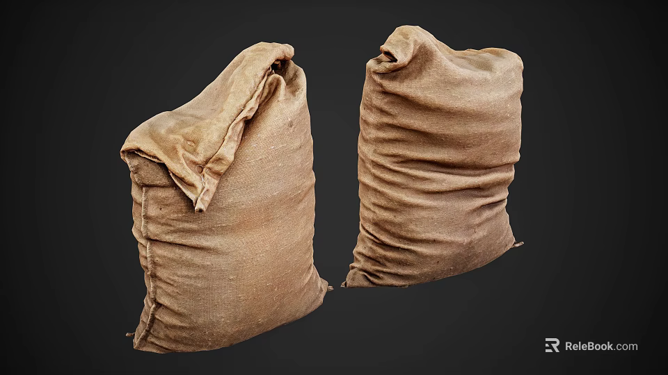 Two Brown Burlap Sacks With Wrinkled Texture And Loose Tops 3d model 