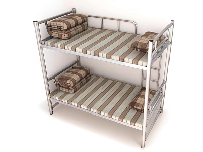 Sturdy Metal Frame Kids Bunk Bed With Striped Mattress And Pillows 3d model