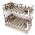 Sturdy Metal Frame Kids Bunk Bed With Striped Mattress And Pillows