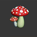 Large And Small Red Mushrooms With White Spots On Dark Background