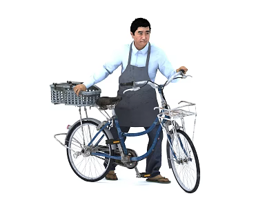 Man Wearing Apron Standing Next to Bicycle With Front and Rear Baskets 3d model