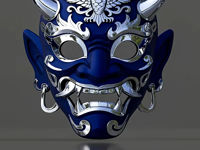Intricate Blue Mask With Silver Horns Fangs Earrings And Decorative Patterns 3d model