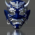 Intricate Blue Mask With Silver Horns Fangs Earrings And Decorative Patterns