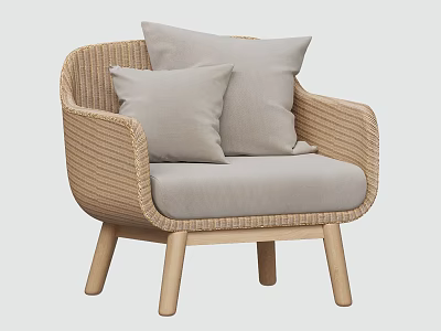 Minimalist Rattan Single Chair With Light Gray Cushions And Wooden Legs Design 3d model