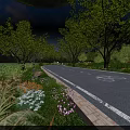 Scenic Park Landscape With Lush Trees Flower Beds Winding Path Distant Mountains And Blue Sky
