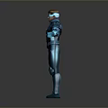 Futuristic Sci Fi Character In Blue Armored Suit With Glowing Elements And Open Arms Pose