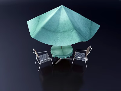 Patio Outdoor Table With Green Umbrella And Two Metal Chairs 3d model