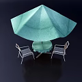 Patio Outdoor Table With Green Umbrella And Two Metal Chairs