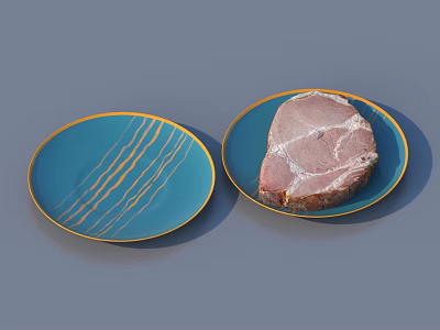 Fresh Raw Meat on Blue Ceramic Plates with Gold Decorative Lines 3d model