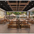 Spacious Restaurant Interior With Wooden Tables Benches Pendant Lights And Open Layout