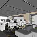 Modern Open Public Office Space With Workstations Computers Sofas And Green Plants 3d model