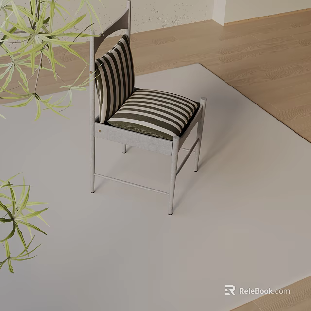Stylish Dining Chair With Striped Upholstery And Metal Frame Near Leafy Plants On Light Carpet 3d model 