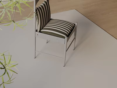Stylish Dining Chair With Striped Upholstery And Metal Frame Near Leafy Plants On Light Carpet 3d model