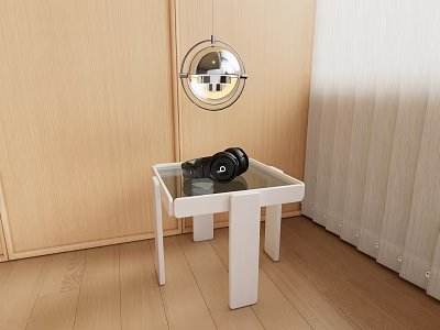 White Side Table With Glass Top Black Decor And Hanging Lamp On Wooden Floor 3d model