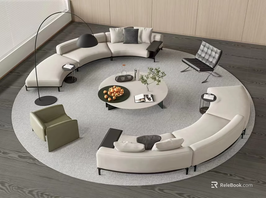 Modern Curved White Sofa Coffee Table Set With Round Table Fruit Tray And Accent Chairs 3d model 