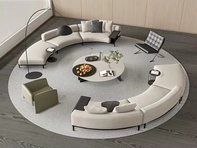 Modern Curved White Sofa Coffee Table Set With Round Table Fruit Tray And Accent Chairs 3d model