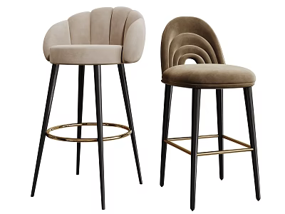 Elegant Bar Stools with Scalloped Curved Backrest Beige Upholstery Black Legs Gold Footrest 3d model